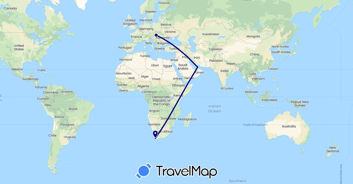 TravelMap itinerary: driving in United Arab Emirates, Hungary, South Africa (Africa, Asia, Europe)